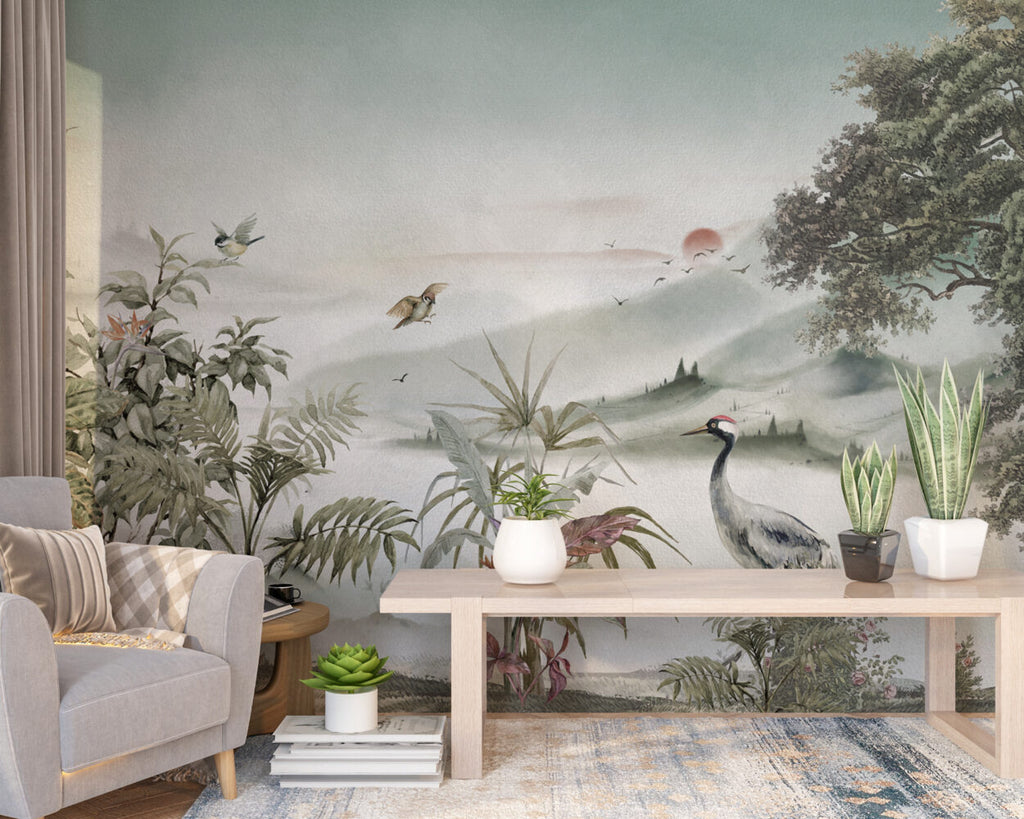 Soft Beige Heron Landscape Wallpaper : Misty Valley Mural