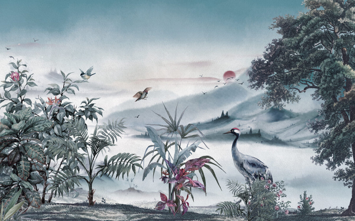 Misty Blue Heron Landscape Wallpaper : Oriental Valley Mural - View 2