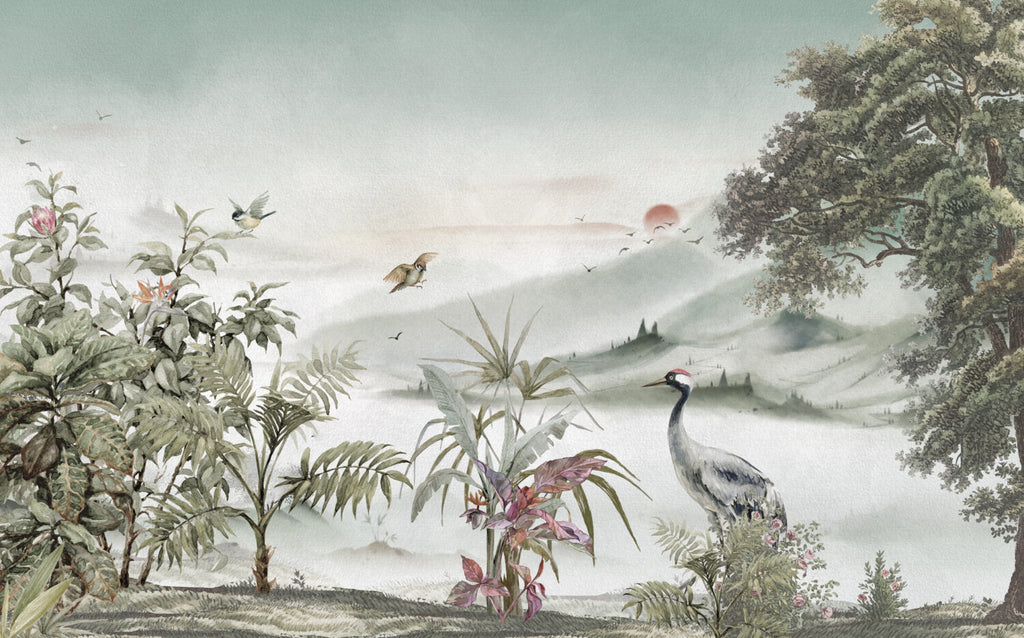 Soft Beige Heron Landscape Wallpaper : Misty Valley Mural - View 2