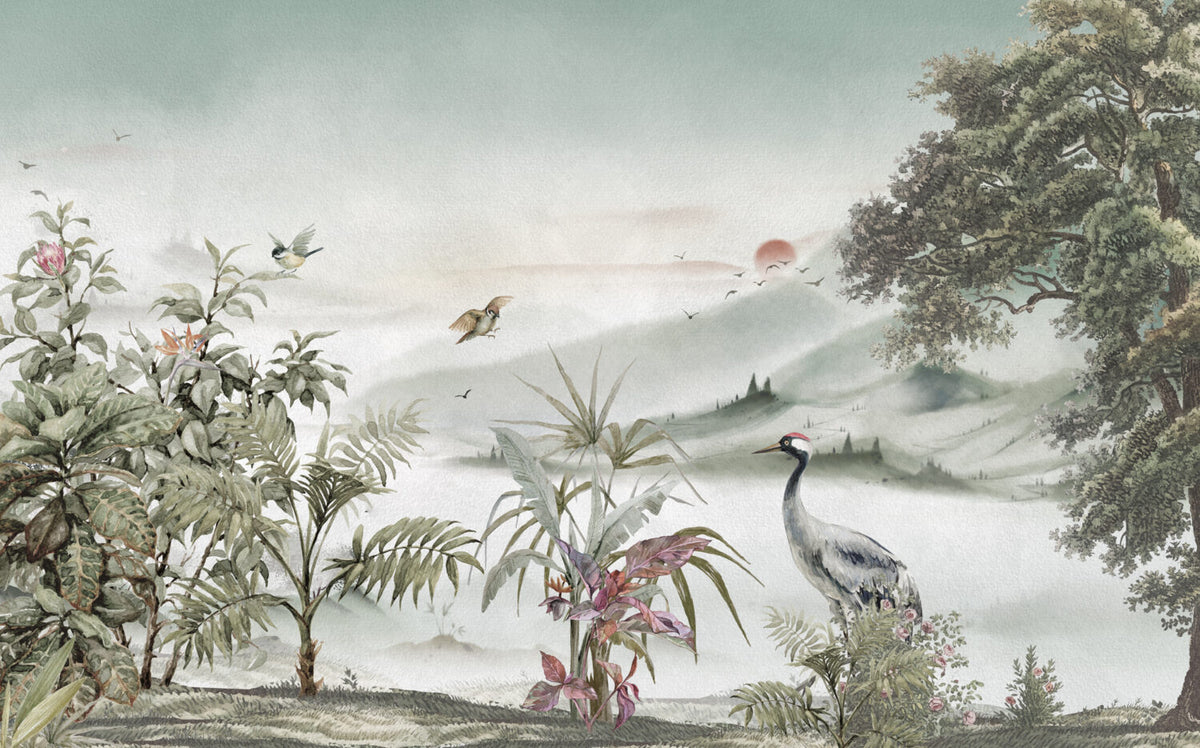 Soft Beige Heron Landscape Wallpaper : Misty Valley Mural - View 2