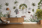 Misty Tropical Animals Wallpaper : Flamingo Leopard Palm Mural - View 5