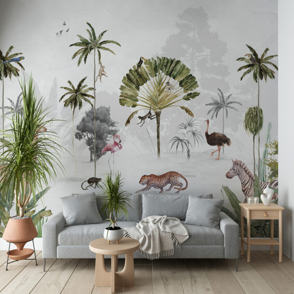 Misty Tropical Animals Wallpaper : Flamingo Leopard Palm Mural - View 6