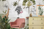 Misty Tropical Animals Wallpaper : Flamingo Leopard Palm Mural - View 3