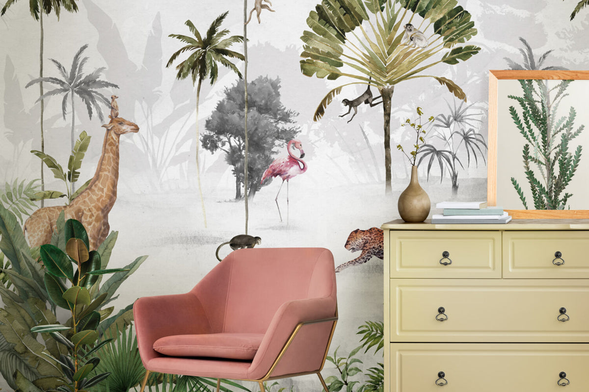 Misty Tropical Animals Wallpaper : Flamingo Leopard Palm Mural - View 3