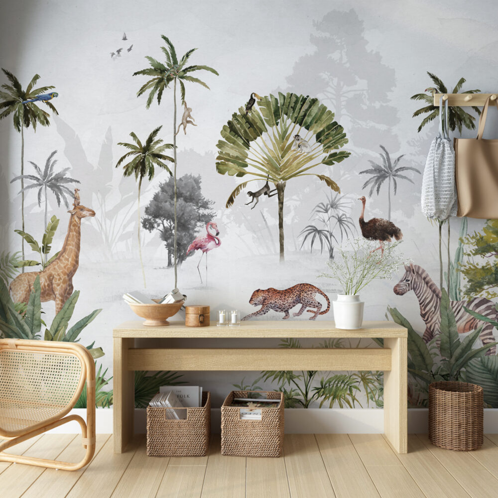 Misty Tropical Animals Wallpaper : Flamingo Leopard Palm Mural