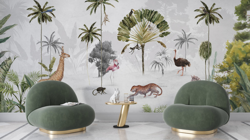 Misty Tropical Animals Wallpaper : Flamingo Leopard Palm Mural - View 4