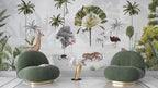 Misty Tropical Animals Wallpaper : Flamingo Leopard Palm Mural - View 4