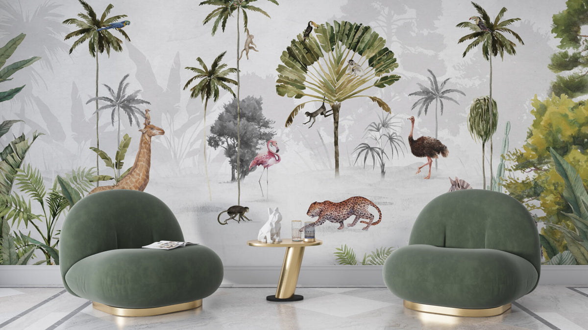 Misty Tropical Animals Wallpaper : Flamingo Leopard Palm Mural - View 4