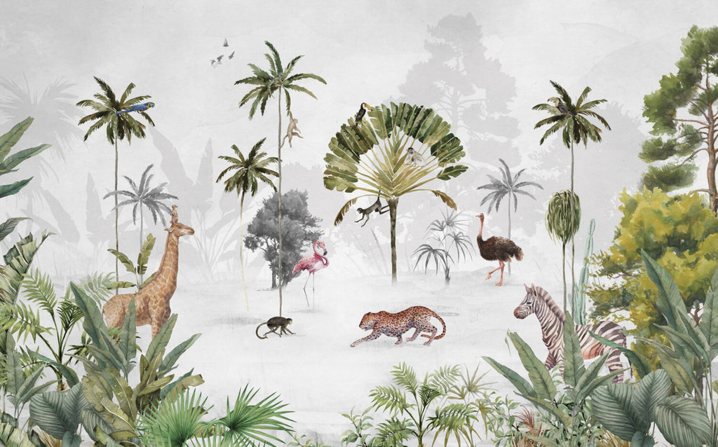 Misty Tropical Animals Wallpaper : Flamingo Leopard Palm Mural - View 2
