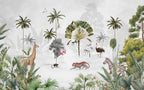 Misty Tropical Animals Wallpaper : Flamingo Leopard Palm Mural - View 2
