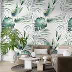 Watercolor Palm Leaf Wallpaper : Green Tropical Fronds Mural - View 4