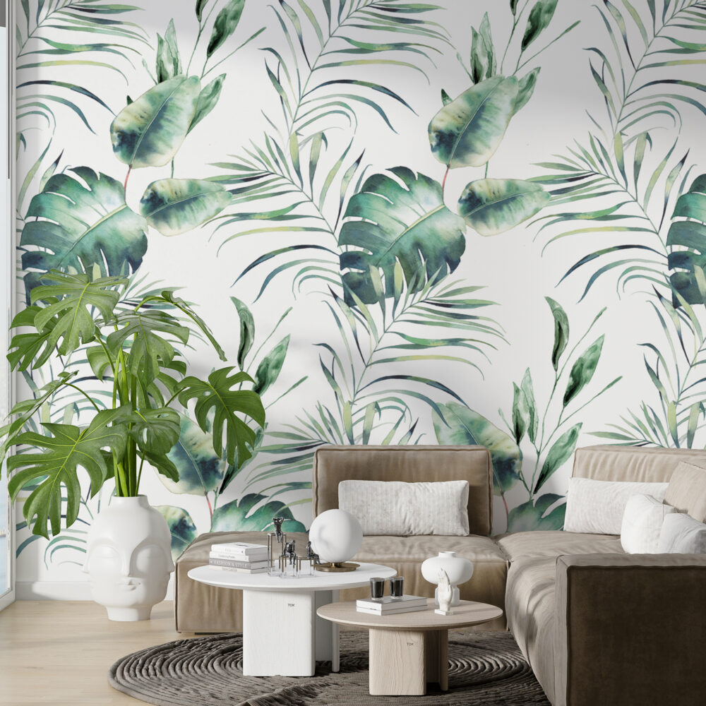 Watercolor Palm Leaf Wallpaper : Green Tropical Fronds Mural - View 4