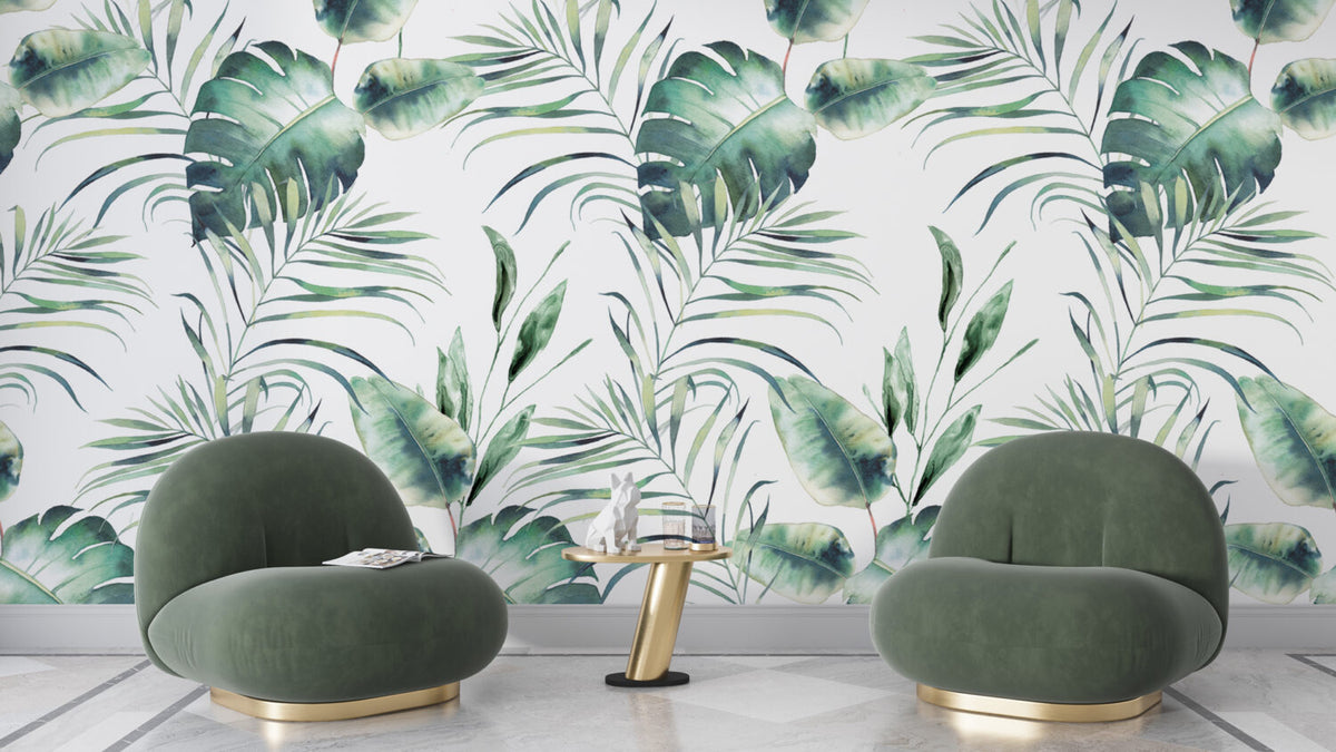 Watercolor Palm Leaf Wallpaper : Green Tropical Fronds Mural - View 5