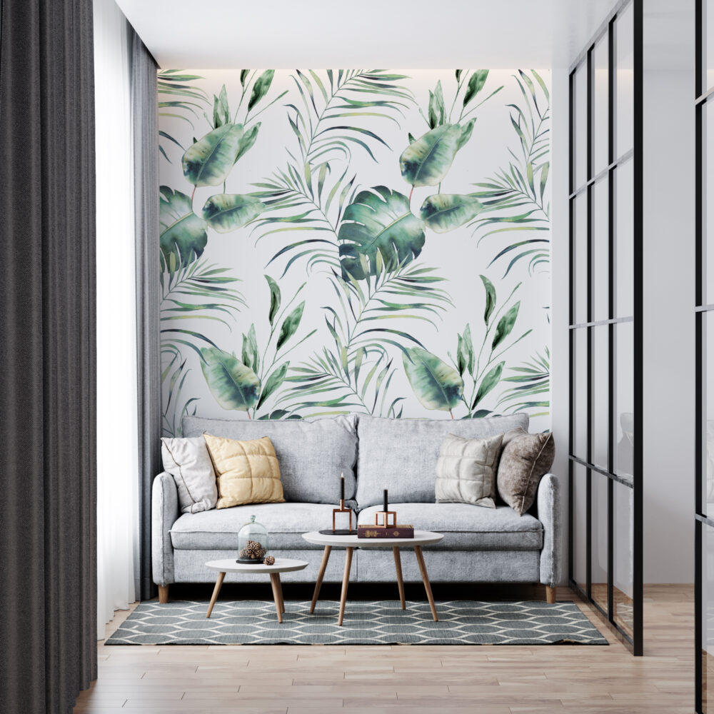 Watercolor Palm Leaf Wallpaper : Green Tropical Fronds Mural - View 6