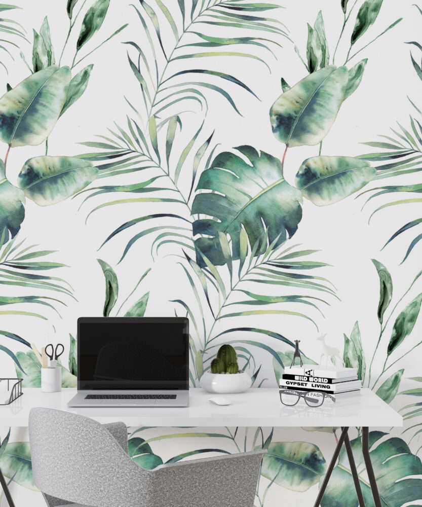 Watercolor Palm Leaf Wallpaper : Green Tropical Fronds Mural