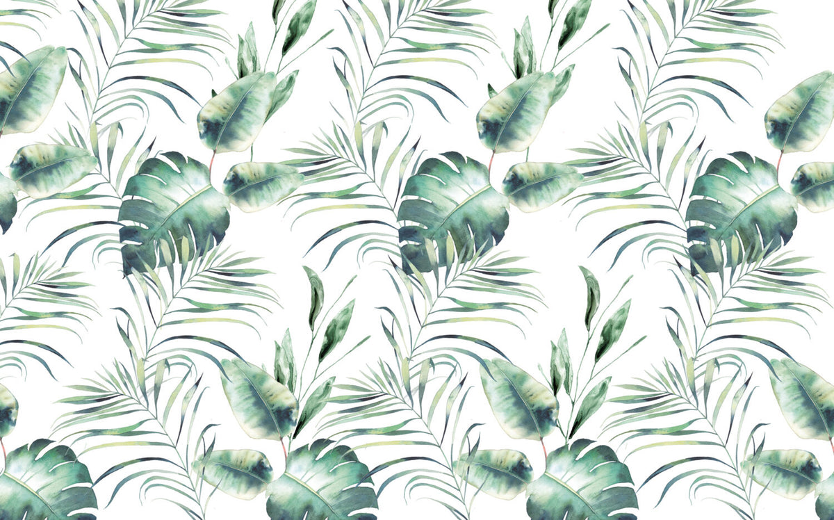 Watercolor Palm Leaf Wallpaper : Green Tropical Fronds Mural - View 2