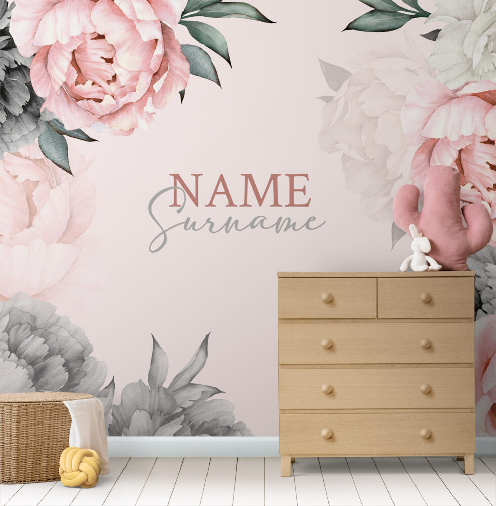 Pink Peony Name Wallpaper : Personalized Blush Rose Nursery Mural - View 5