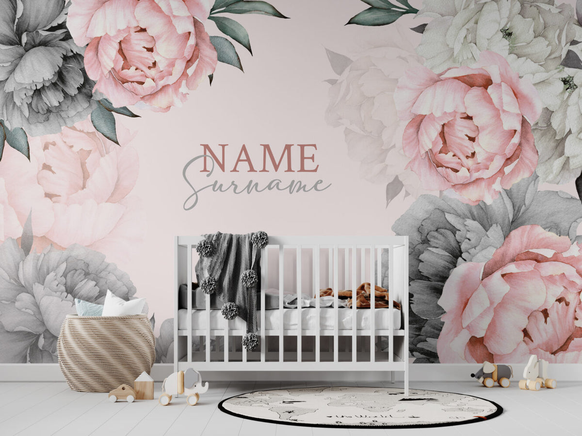Pink Peony Name Wallpaper : Personalized Blush Rose Nursery Mural - View 6