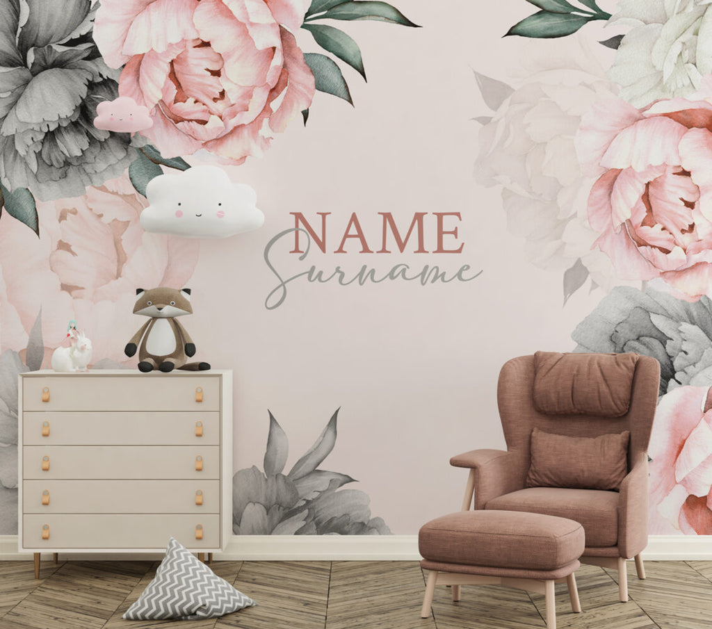 Pink Peony Name Wallpaper : Personalized Blush Rose Nursery Mural