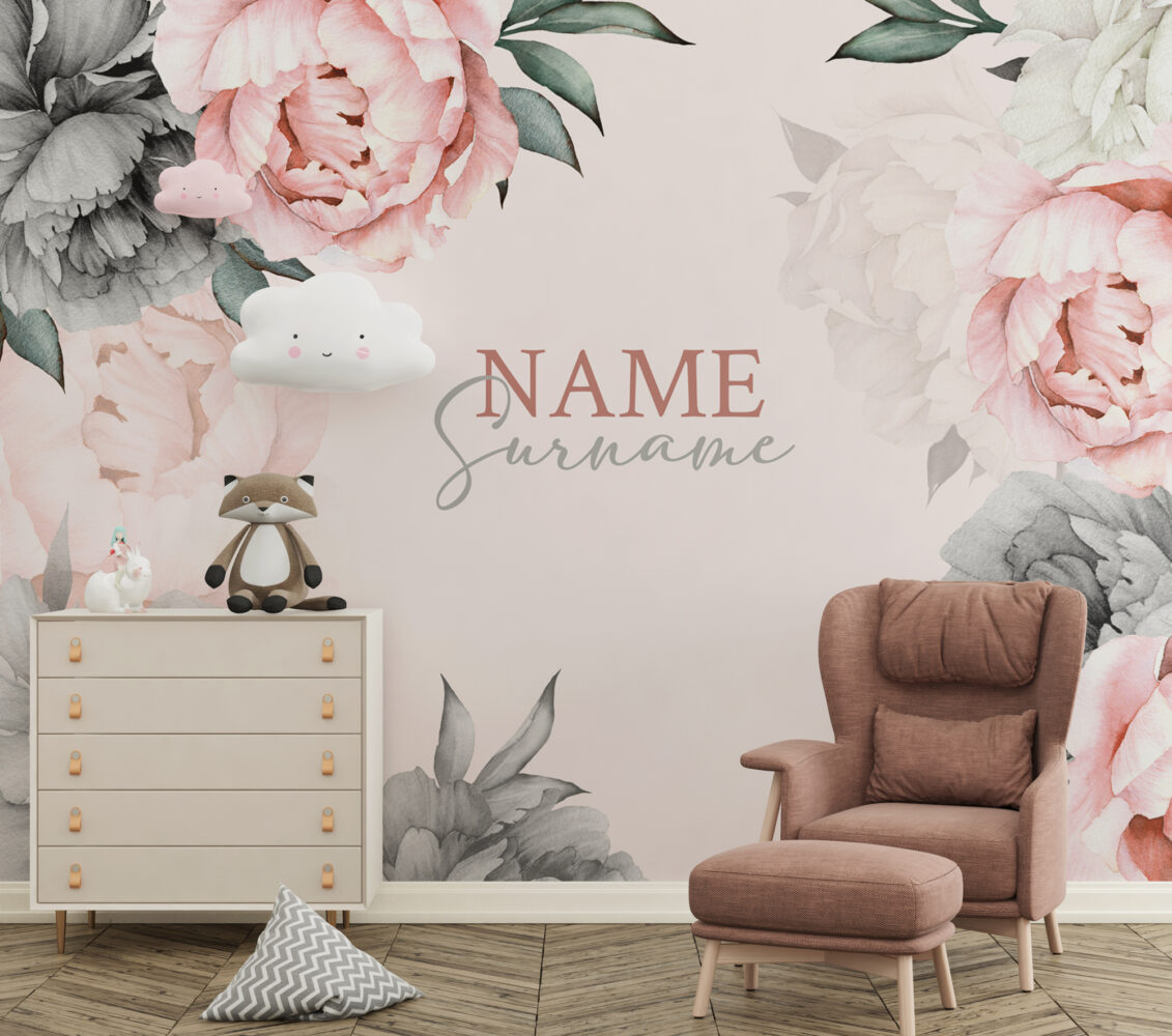 Pink Peony Name Wallpaper : Personalized Blush Rose Nursery Mural