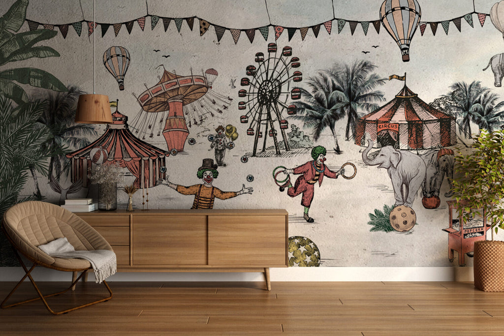Vintage Circus Wallpaper : Clowns And Elephants Kids Mural - View 5