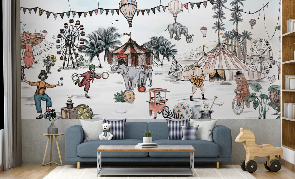 Vintage Circus Wallpaper : Clowns And Elephants Kids Mural