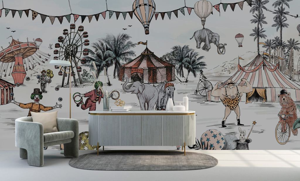 Vintage Circus Wallpaper : Clowns And Elephants Kids Mural - View 4