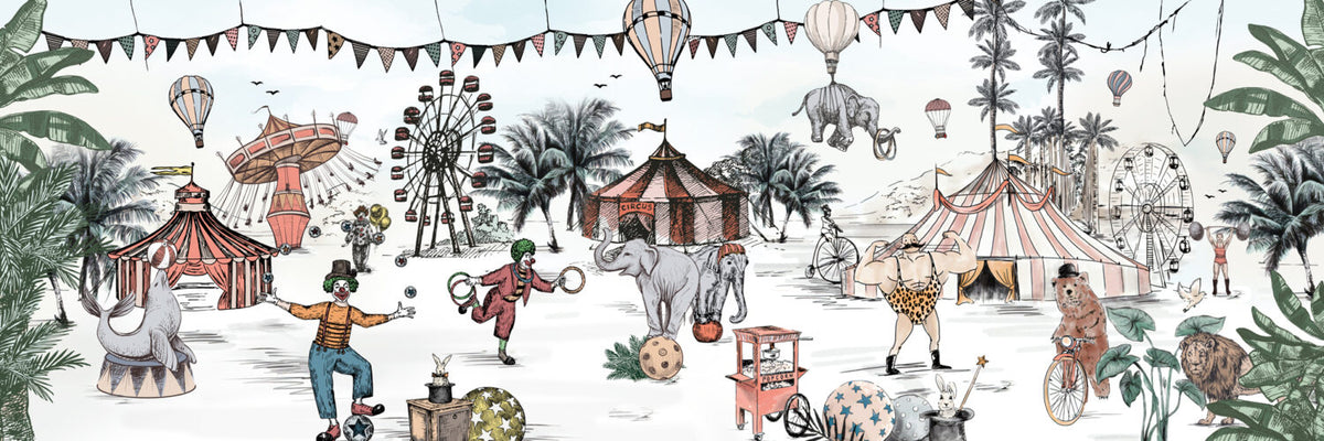 Vintage Circus Wallpaper : Clowns And Elephants Kids Mural - View 2