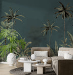 Misty Teal Palm Forest Wallpaper : Dark Tropical Jungle Mural - View 2