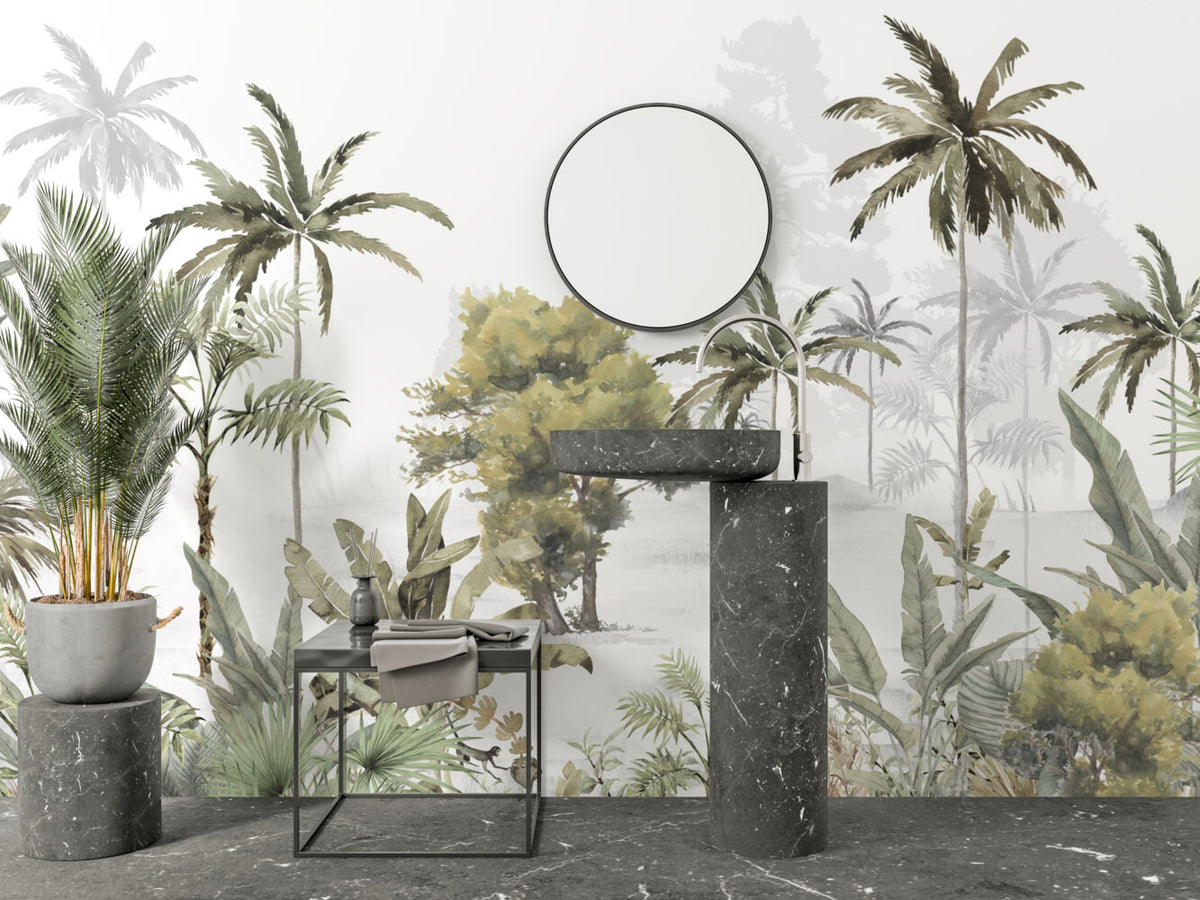 Misty Tropical Forest Wallpaper : Painted Olive Trees Mural - View 4