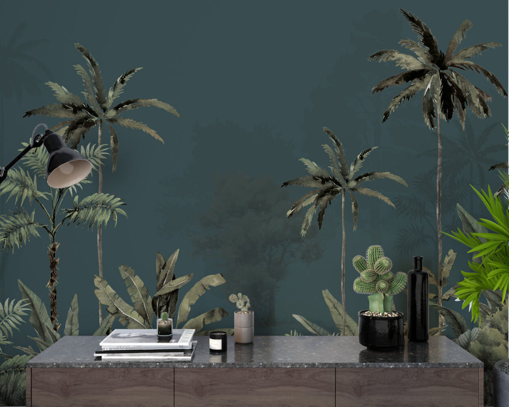 Misty Teal Palm Forest Wallpaper : Dark Tropical Jungle Mural