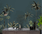 Misty Teal Palm Forest Wallpaper : Dark Tropical Jungle Mural