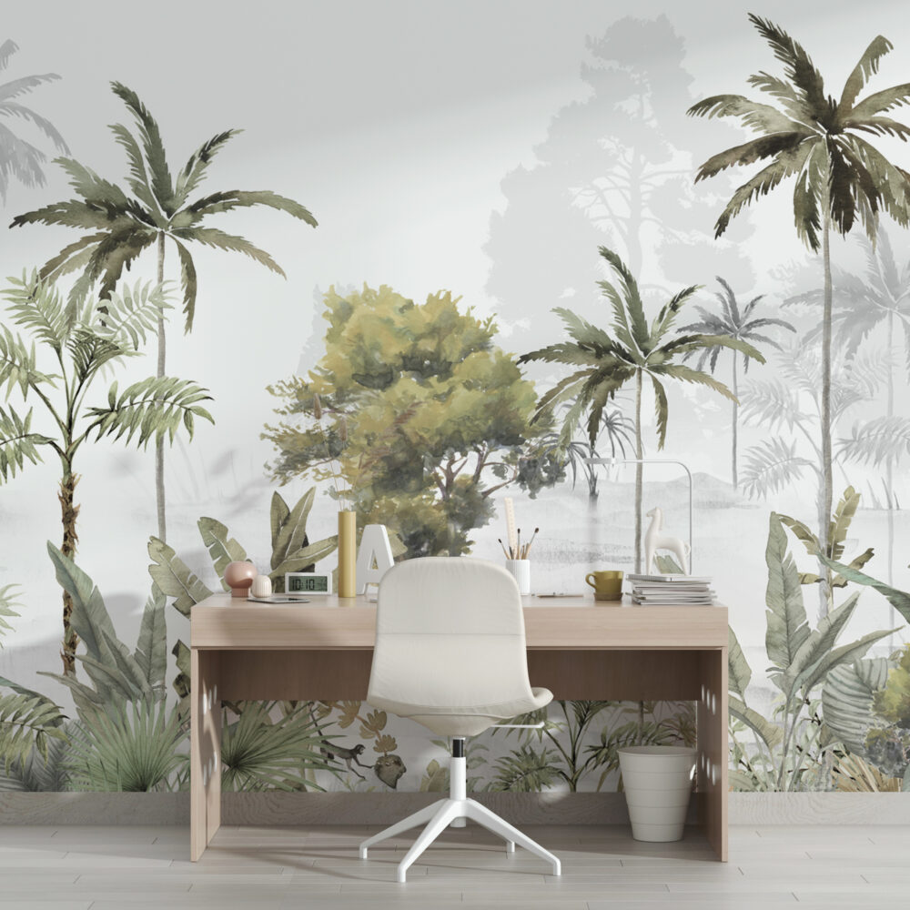 Misty Tropical Forest Wallpaper : Painted Olive Trees Mural