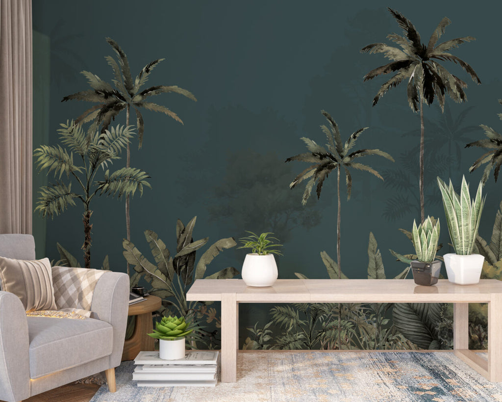 Misty Teal Palm Forest Wallpaper : Dark Tropical Jungle Mural - View 3