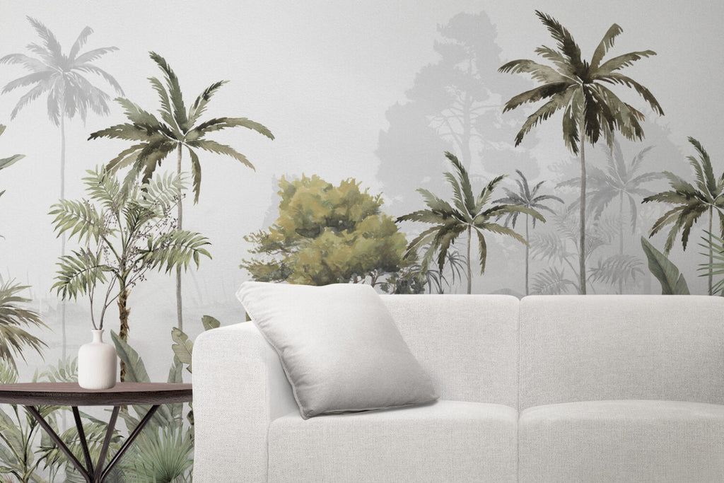 Misty Tropical Forest Wallpaper : Painted Olive Trees Mural - View 3