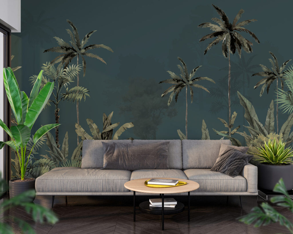 Misty Teal Palm Forest Wallpaper : Dark Tropical Jungle Mural - View 4