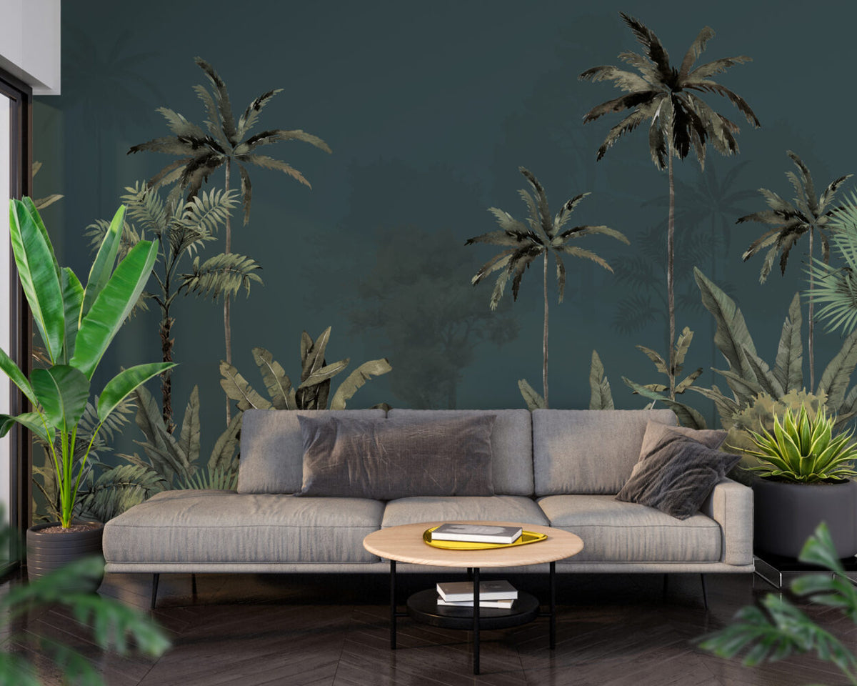 Misty Teal Palm Forest Wallpaper : Dark Tropical Jungle Mural - View 4