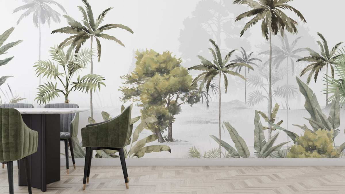 Misty Tropical Forest Wallpaper : Painted Olive Trees Mural - View 5