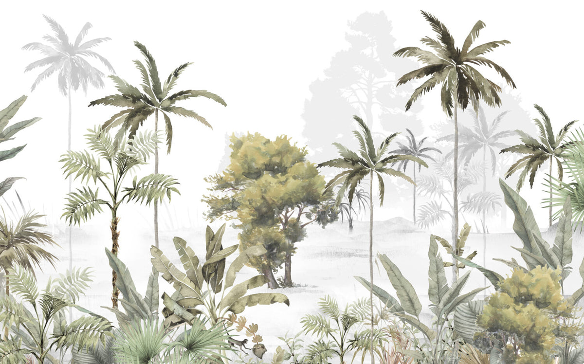 Misty Tropical Forest Wallpaper : Painted Olive Trees Mural - View 2