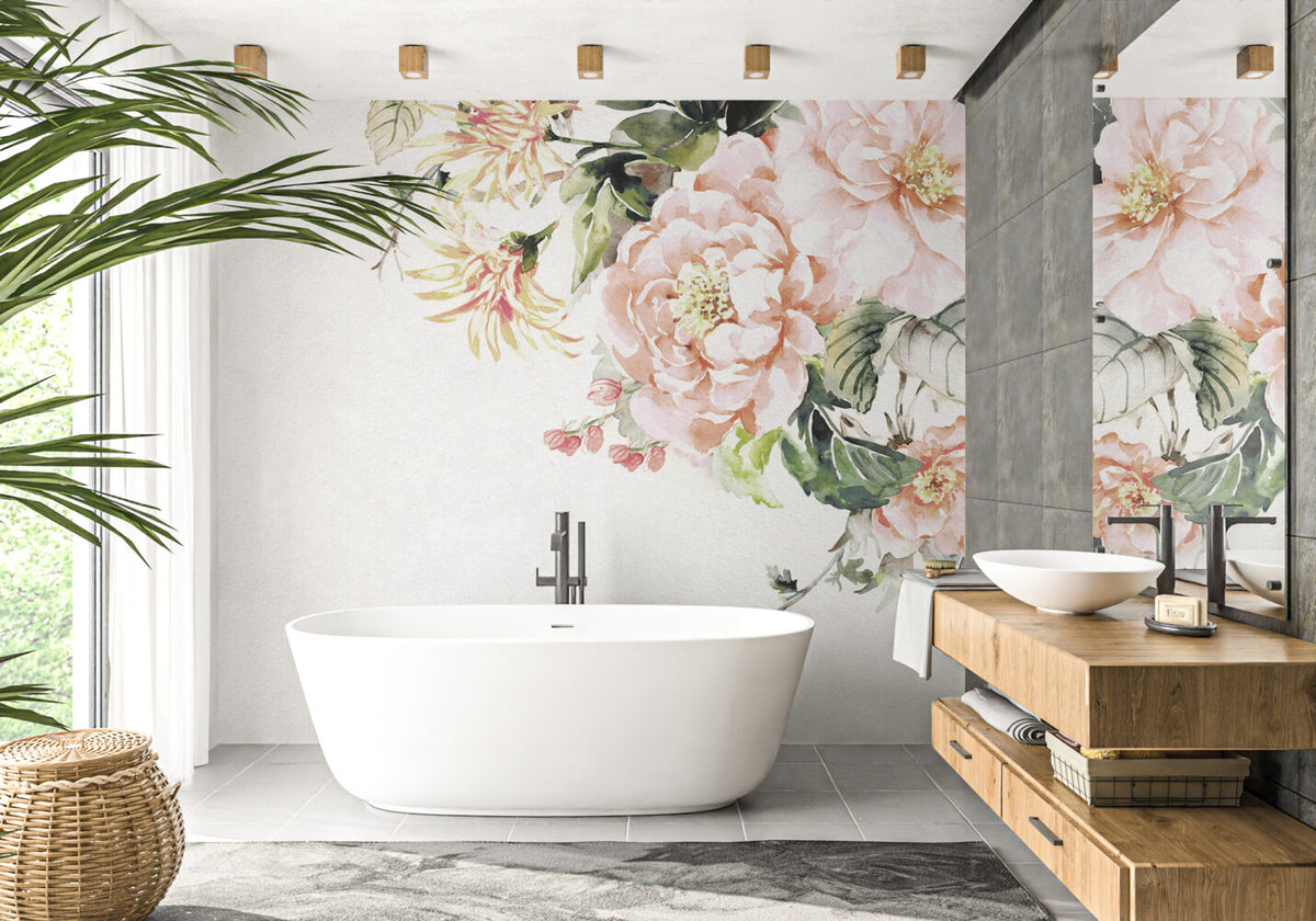 Soft Pink Rose Wallpaper : Watercolor Peony Border Mural