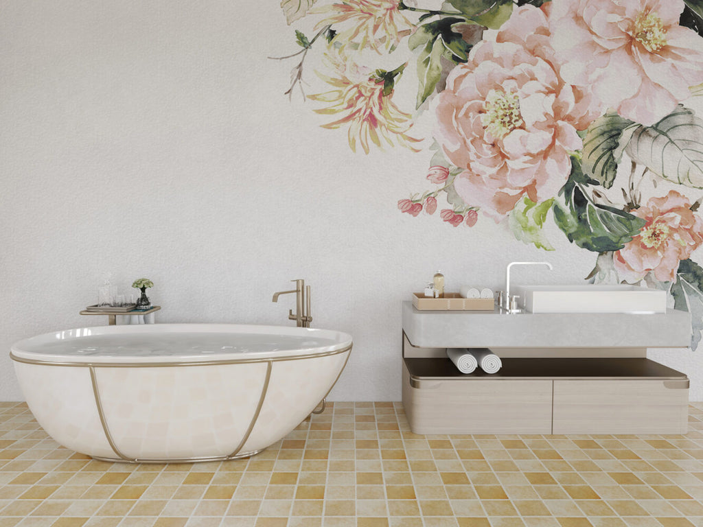 Soft Pink Rose Wallpaper : Watercolor Peony Border Mural - View 4