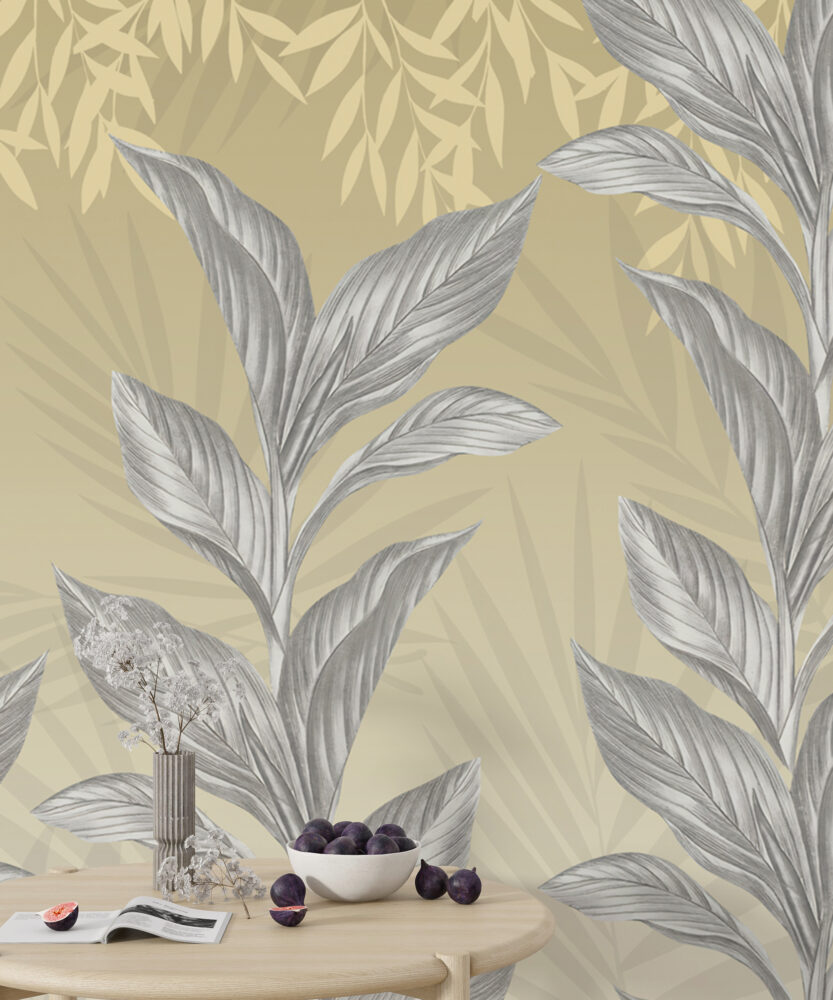 Silver Leaf Wallpaper : Grey Botanical On Gold Mural - View 6