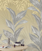 Silver Leaf Wallpaper : Grey Botanical On Gold Mural - View 6