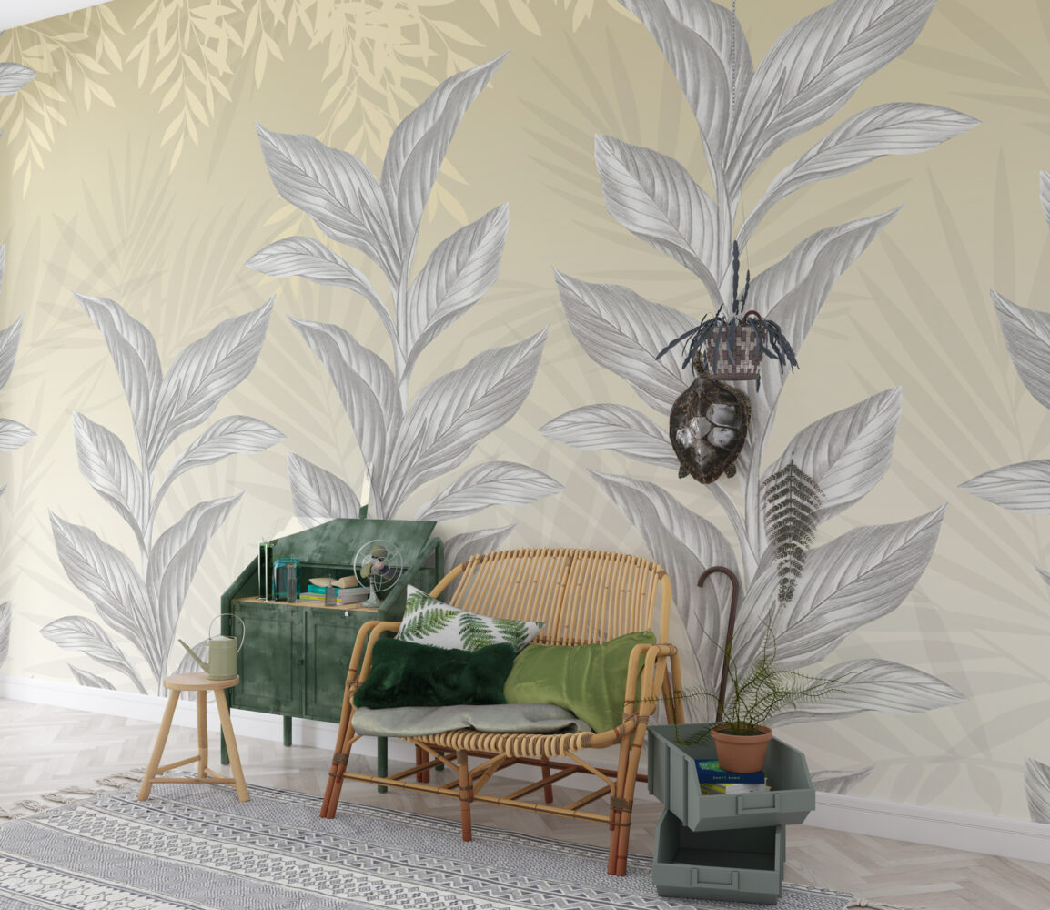 Silver Leaf Wallpaper : Grey Botanical On Gold Mural - View 4