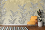 Silver Leaf Wallpaper : Grey Botanical On Gold Mural