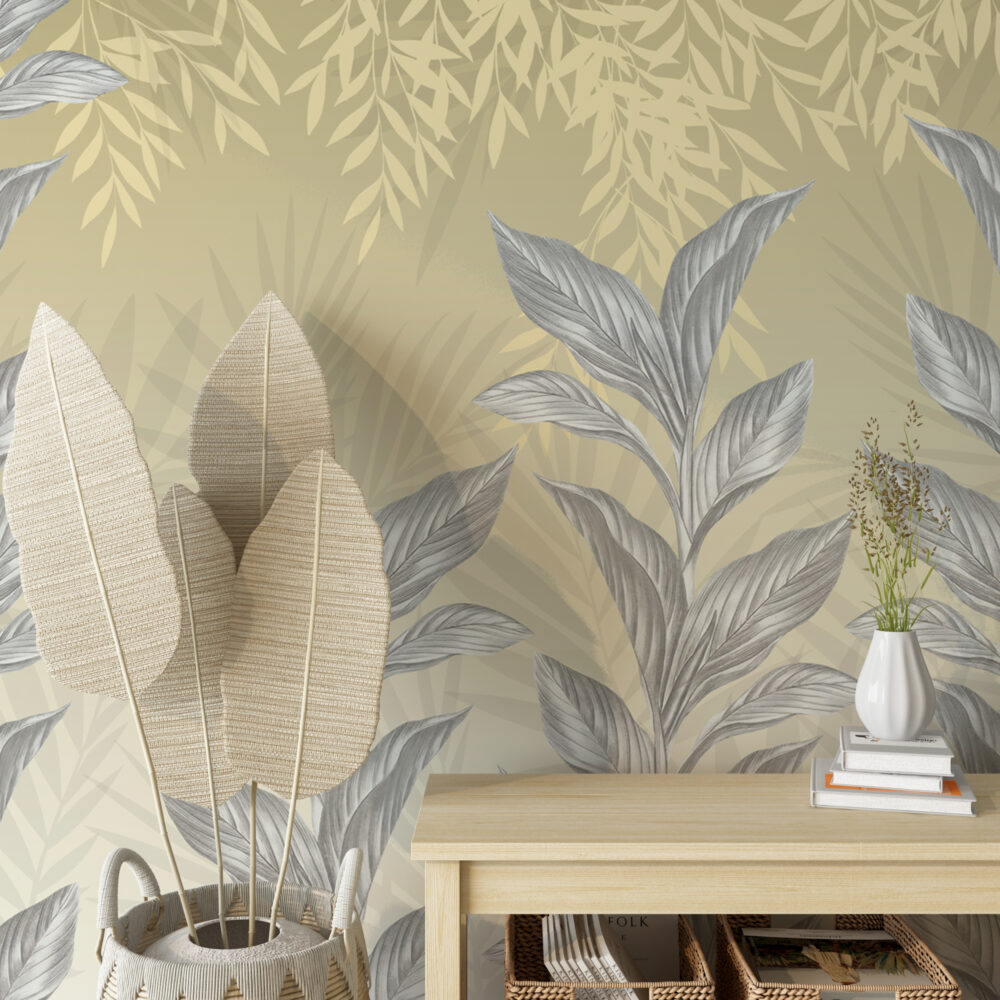 Silver Leaf Wallpaper : Grey Botanical On Gold Mural - View 5