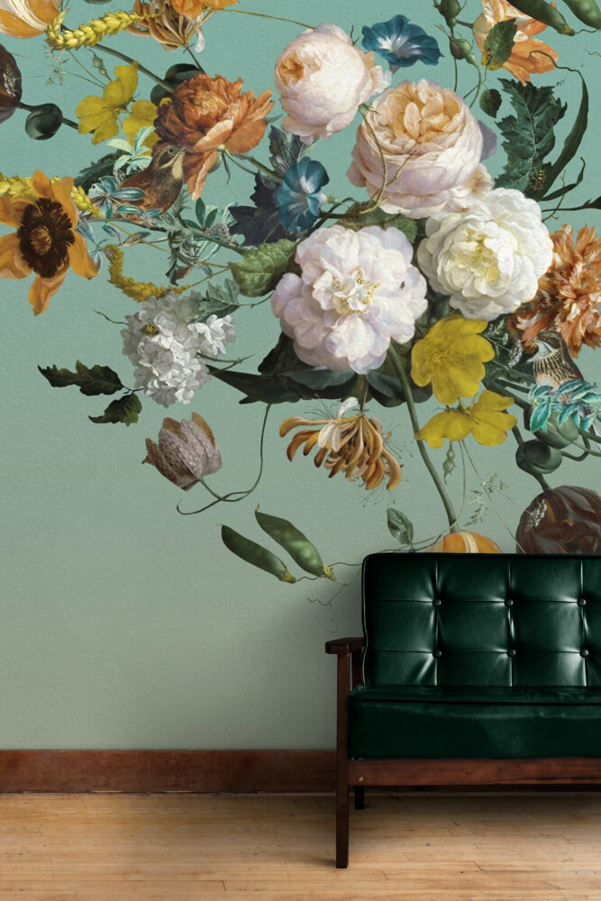 Sage Green Floral Wallpaper : Dutch Bouquet Corner Mural - View 6