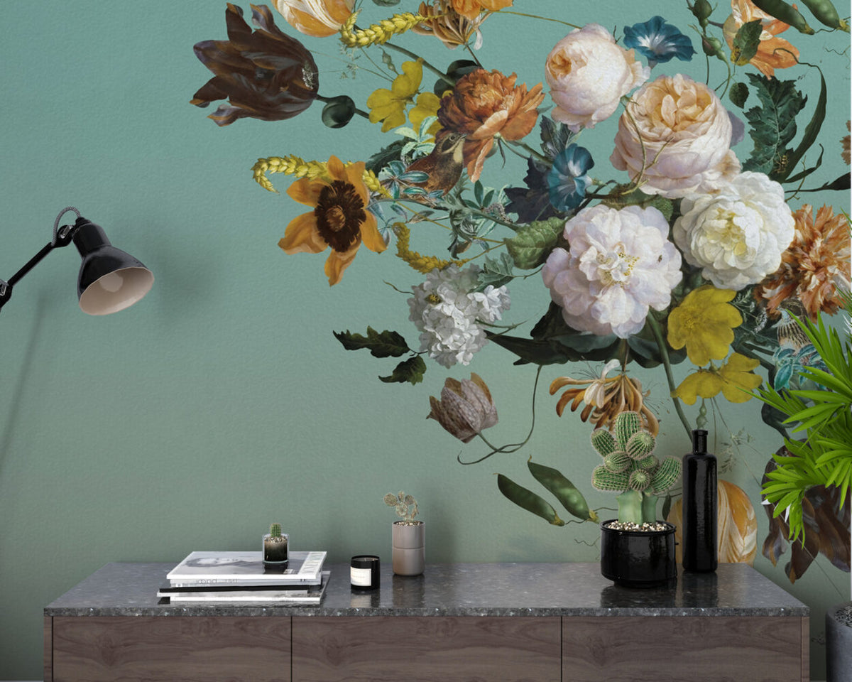 Sage Green Floral Wallpaper : Dutch Bouquet Corner Mural - View 4
