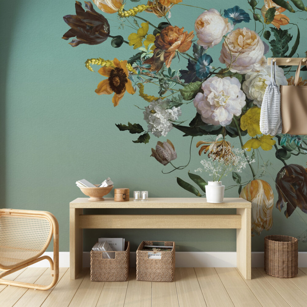 Sage Green Floral Wallpaper : Dutch Bouquet Corner Mural - View 5