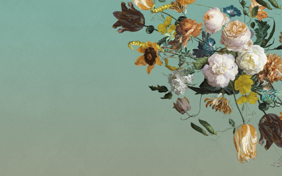 Sage Green Floral Wallpaper : Dutch Bouquet Corner Mural - View 2
